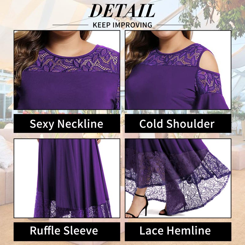LALAGEN Womens Plus Size Casual Lace Cold Shoulder Long Plain Evening Party Maxi Dress Purple 1X - Image 4